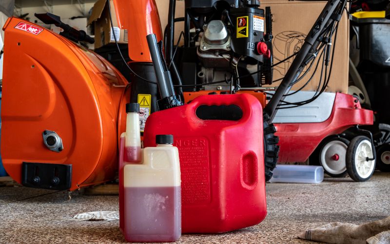 ride on mower-fuel-stabilizer-container-for-long-term-storage-of-gas-in-front-of-a-portable-canister-and-snow-blower-min